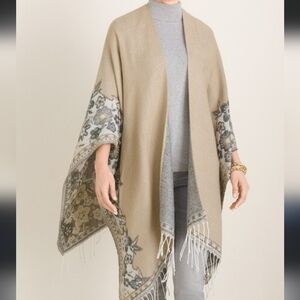 NEW Chico's reversible fringed. Poncho one size neutral floral pattern gray tan